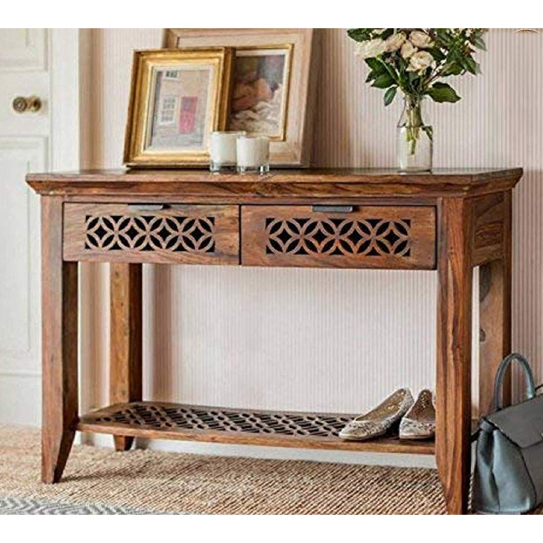 Freya Tables for Living Room/Sideboard with 2 Drawer/Study Table for Home (Honey Finish)