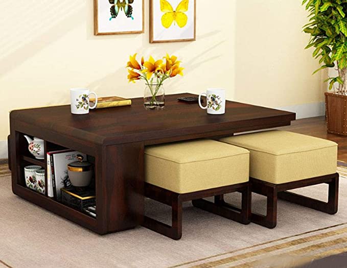 Alana Sheesham Wood Coffee Table Set with Four Stools