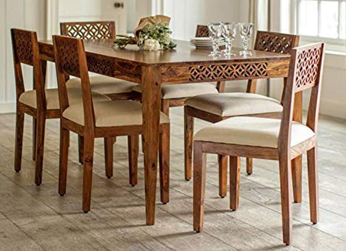 Sienna Wood 6 Seater Dining Set with Chair for Dining Room Natural Color