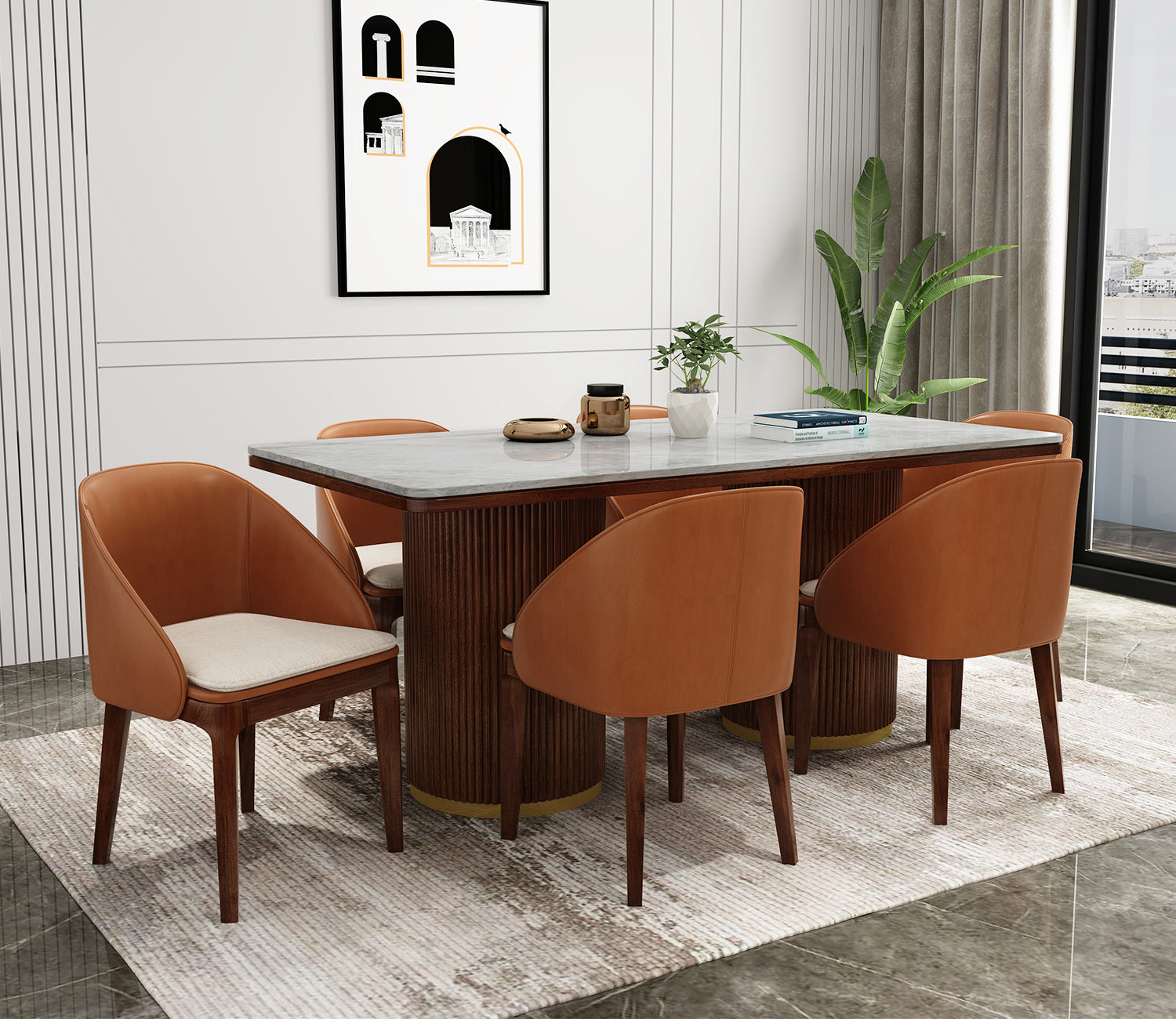 Chick Marble Top Teak Wood 6 Seater Dining Table Set