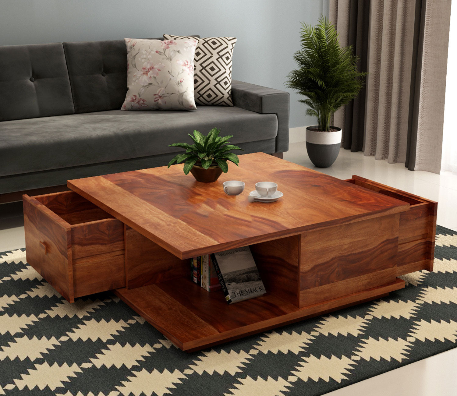 Ariana Sheesham Wood Coffee Table with Drawers & Open Storage