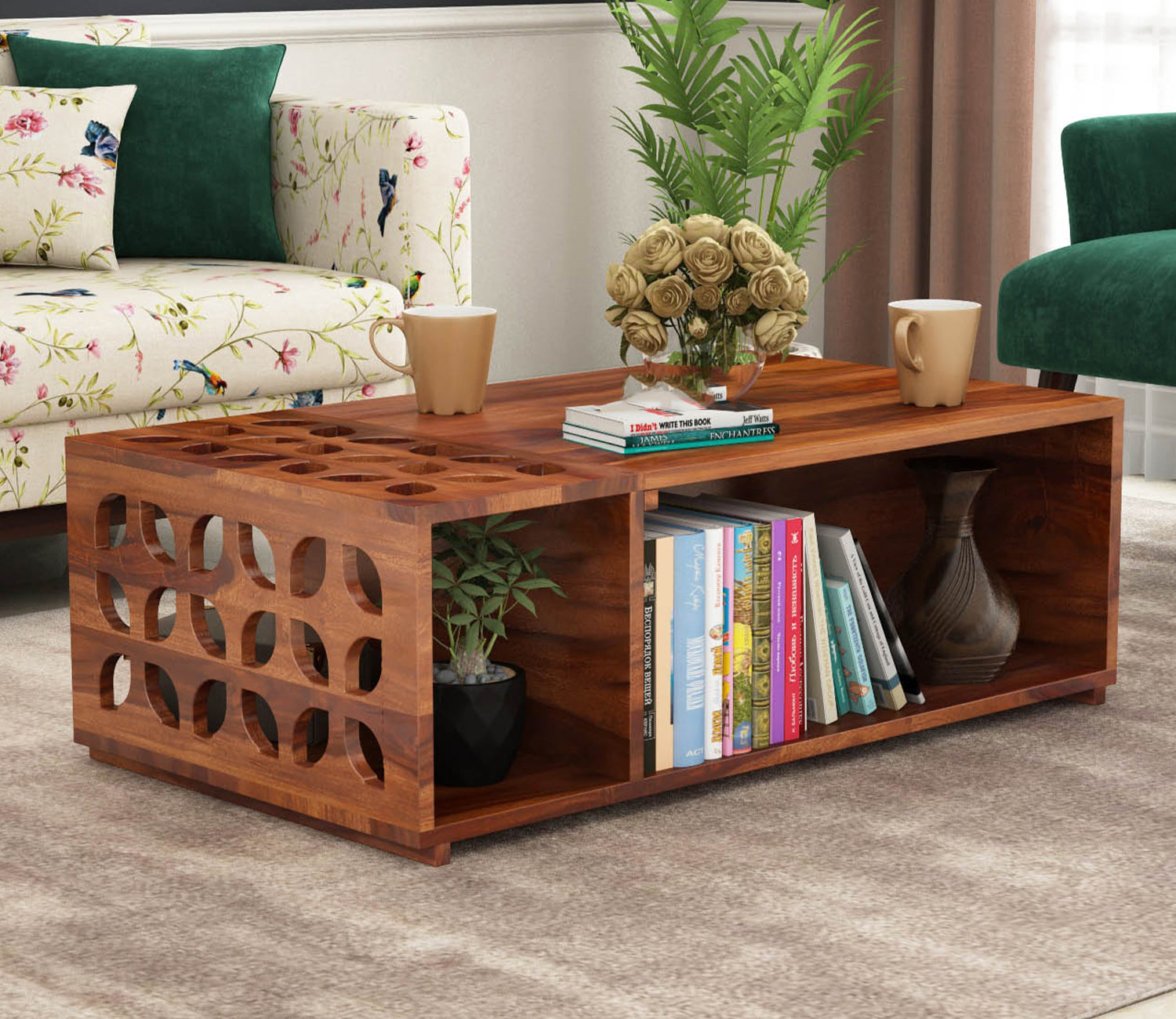 Jade Sheesham Wood Coffee Table with Open Storage