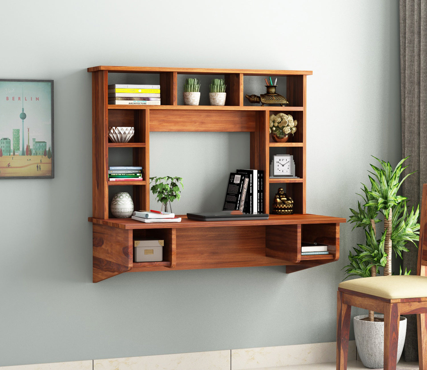 Lily Sheesham Wood Wall Mounted Study Table with Open Shelves
