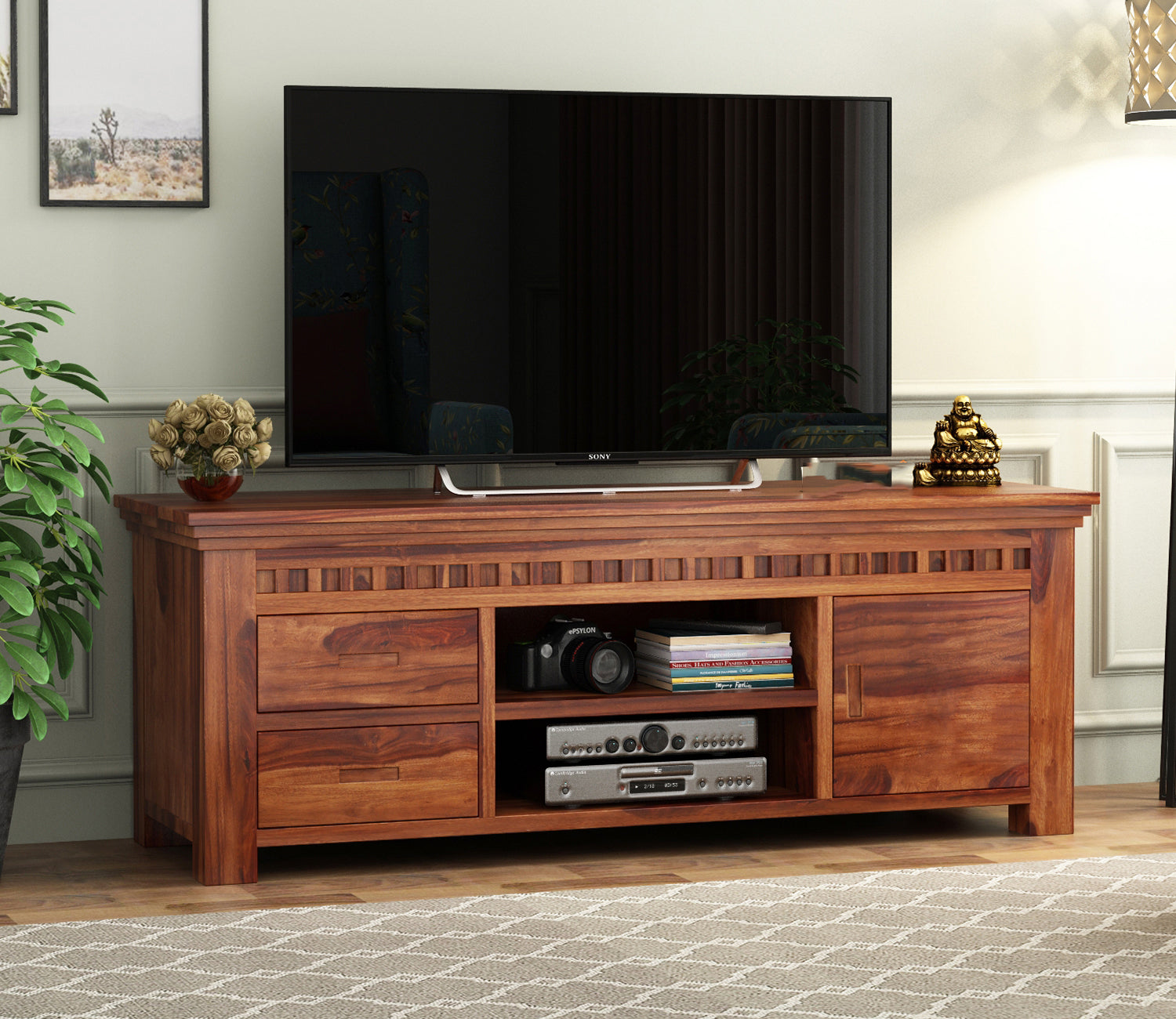 Kaison Sheesham Wood Tv Unit with Open & Close Storage