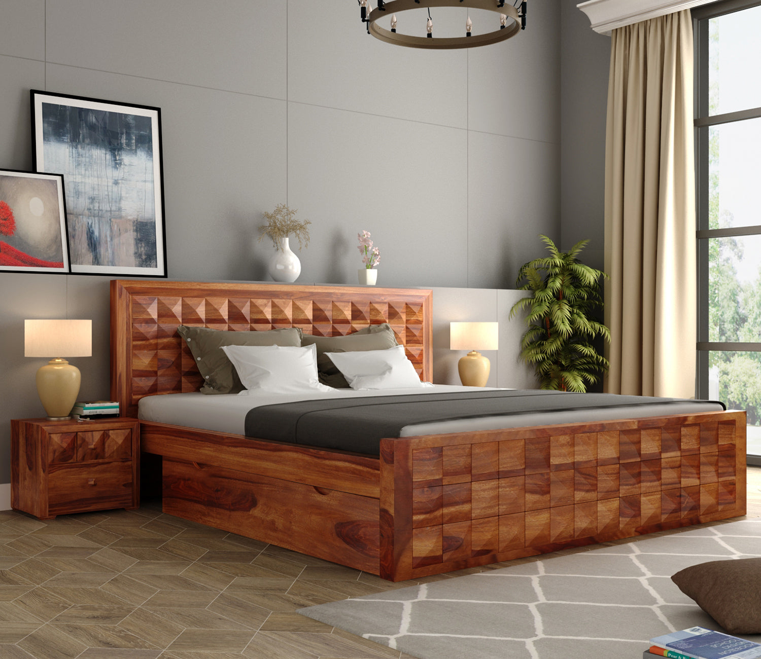 Quinn Sheesham Wood Bed with Drawer Storage
