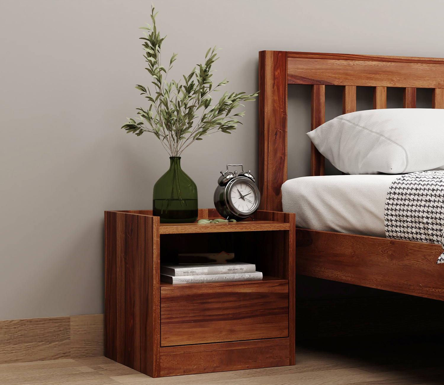 Sergio Sheesham Wood Bedside Table With Storage