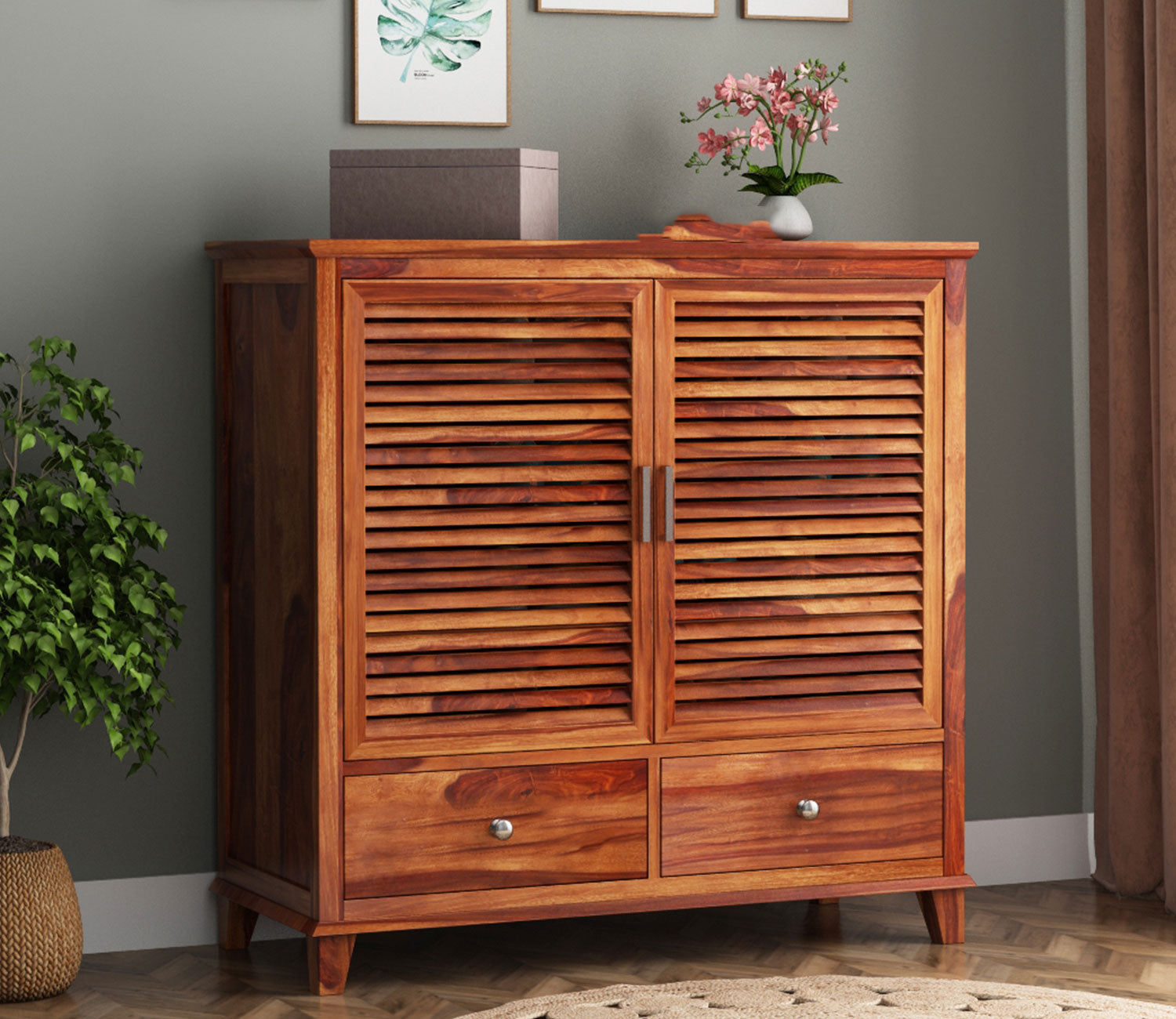 Kaleb Sheesham Wood Shoe Cabinet With Storage Drawers