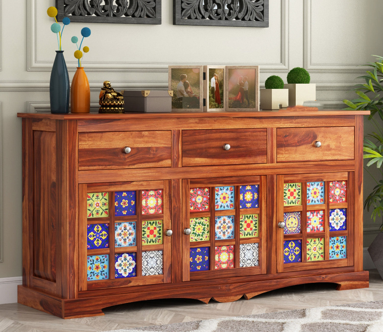 Phoenix Sheesham Wood Storage Cabinet Sideboard With Three Drawers