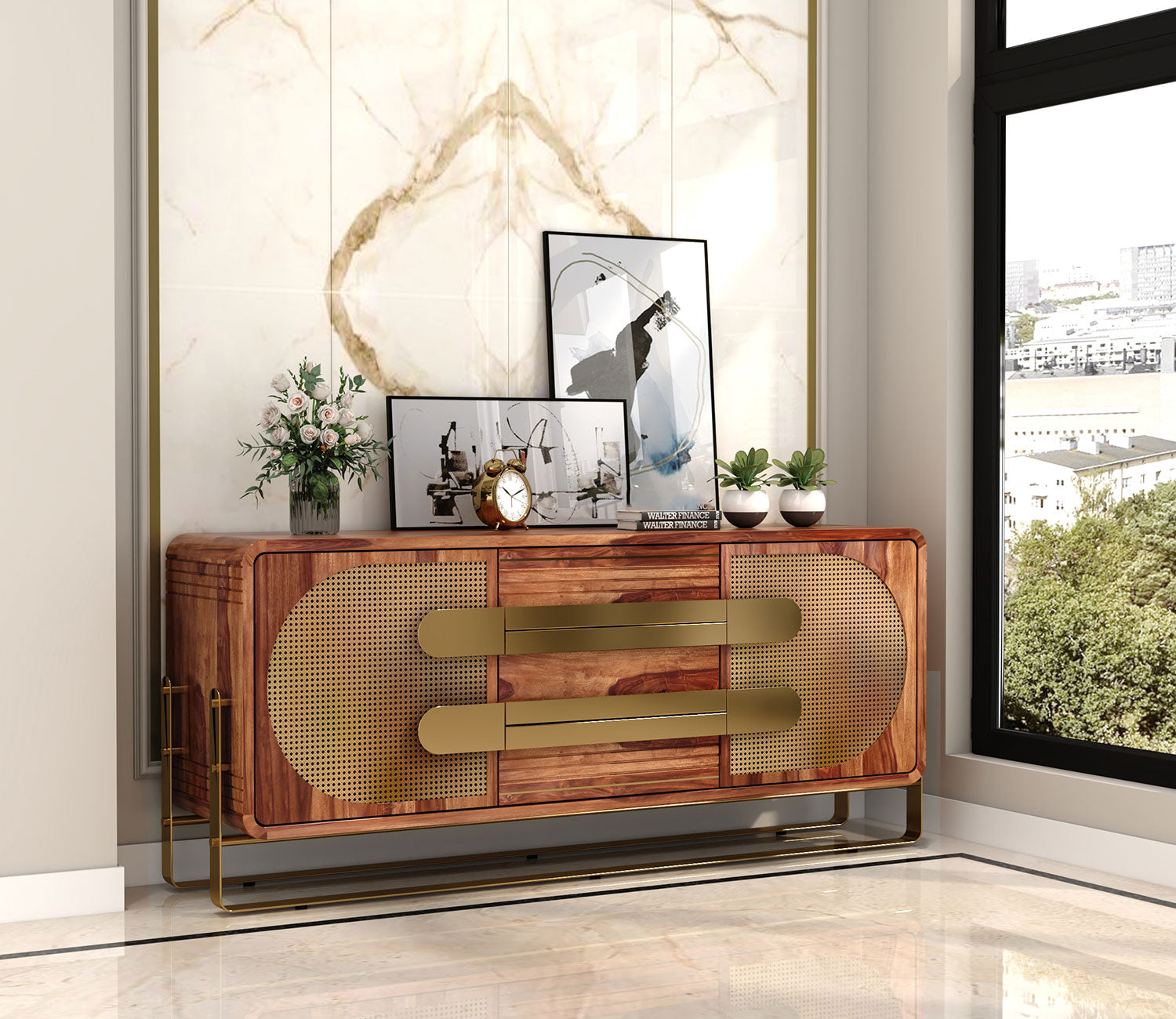 Crew Sheesham wood Designer Cabinet and Sideboard with Cane
