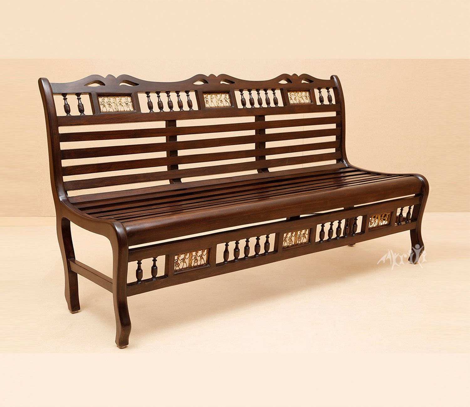Tyler Bench Three Seater with Striped Wood Pattern in Walnut Finish