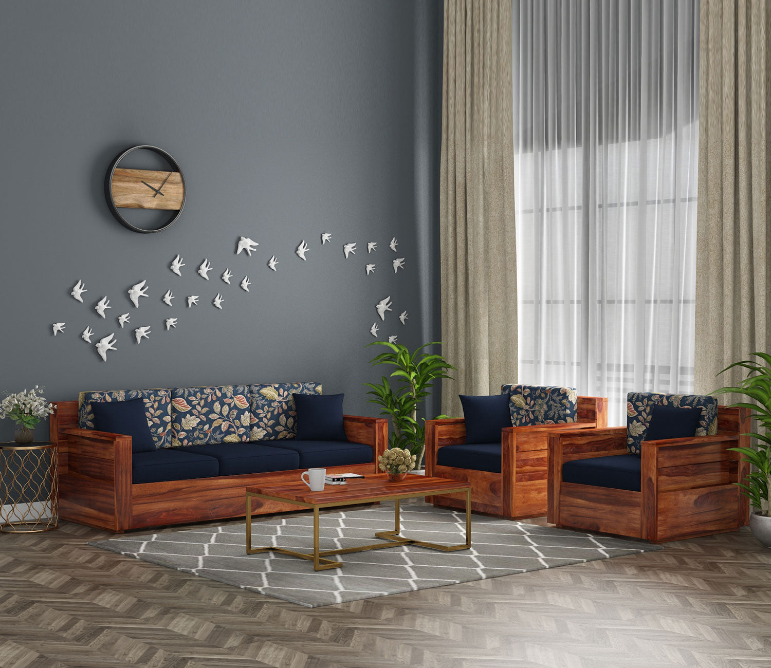 Jessie Wooden 5 Seater Sofa Set Printed