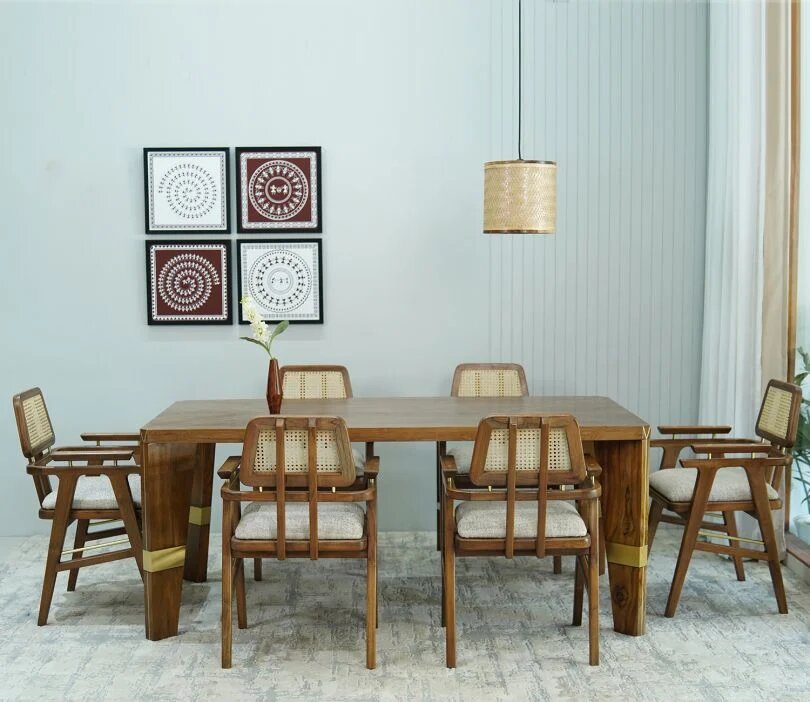 Bee Teak Wood 6 Seater Dining Table Set