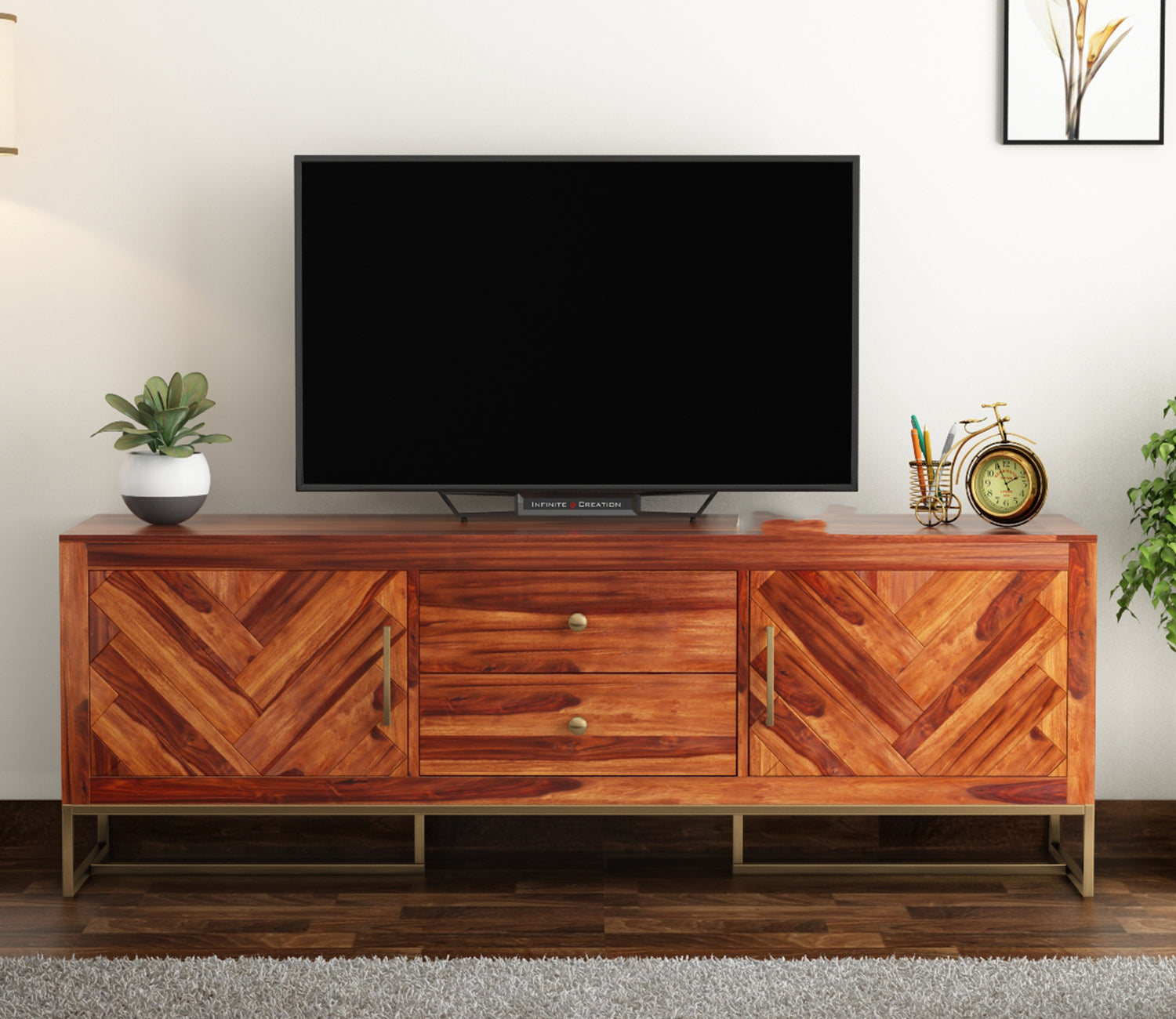 Dalton Metal Base Sheesham Wood Tv Unit with Drawers and Cabinets