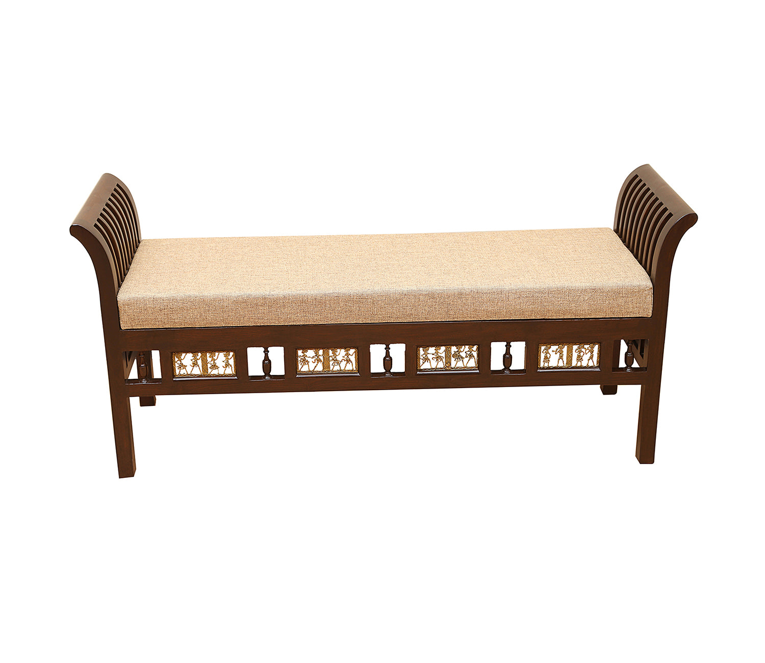 Ryker-III Ottoman Cushioned Double Seater with Striped Wood Pattern in Walnut Finish