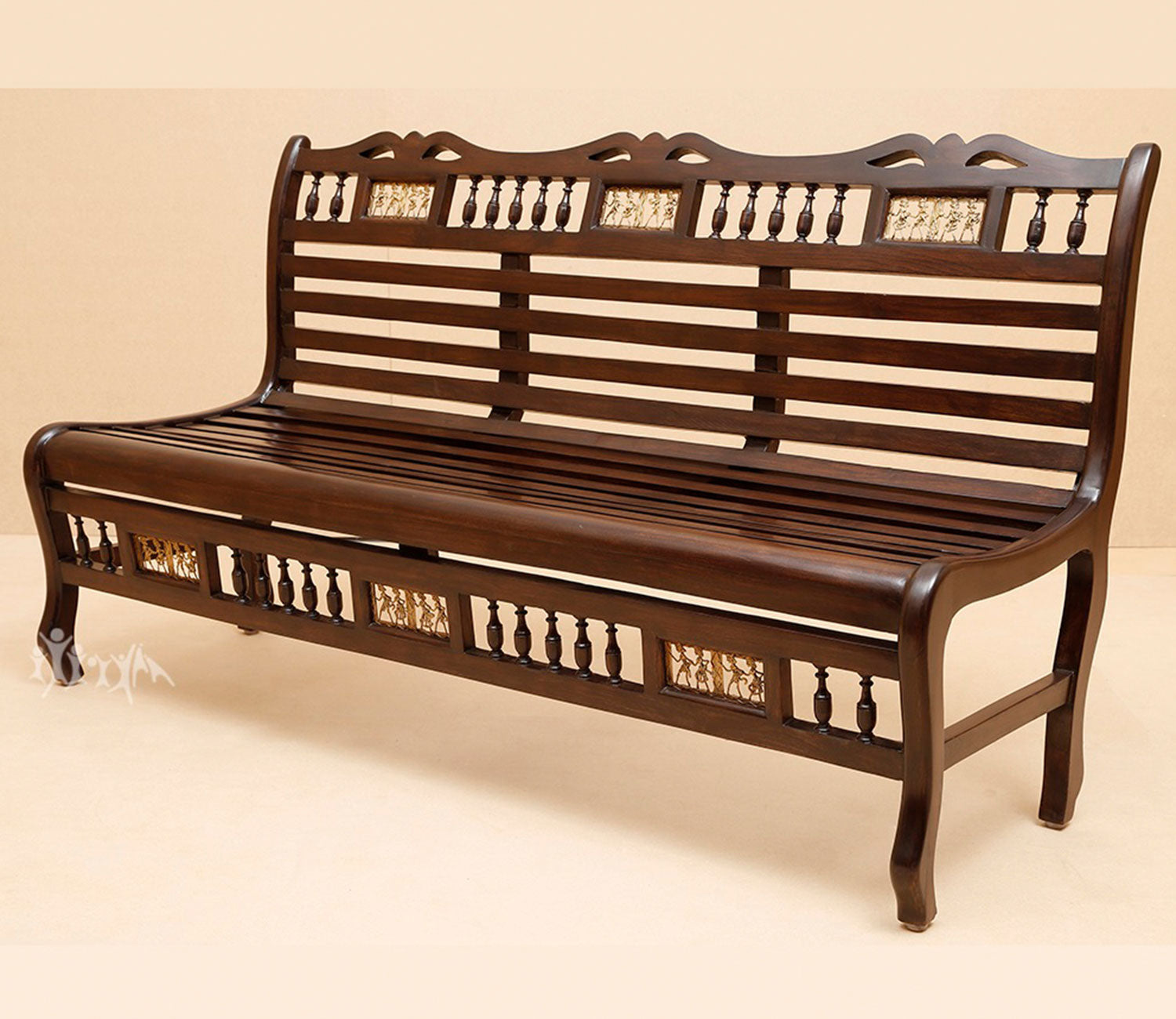 Tyler Bench Three Seater with Striped Wood Pattern in Walnut Finish