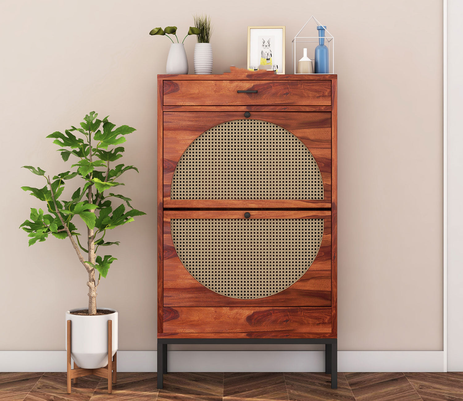 Jorge Sheesham Wood Cane Tilt Out Kids Shoe Rack