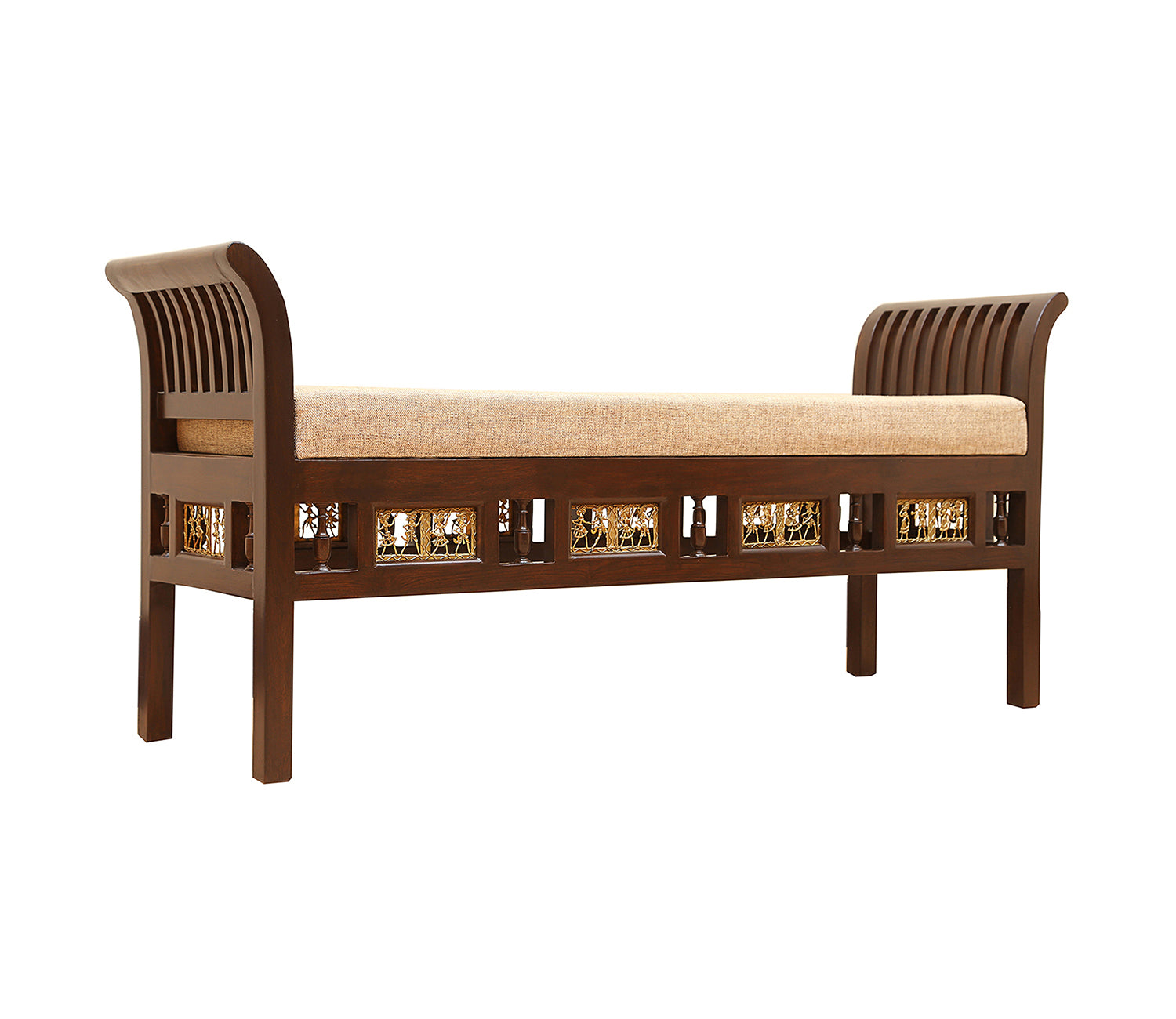 Ryker-III Ottoman Cushioned Double Seater with Striped Wood Pattern in Walnut Finish
