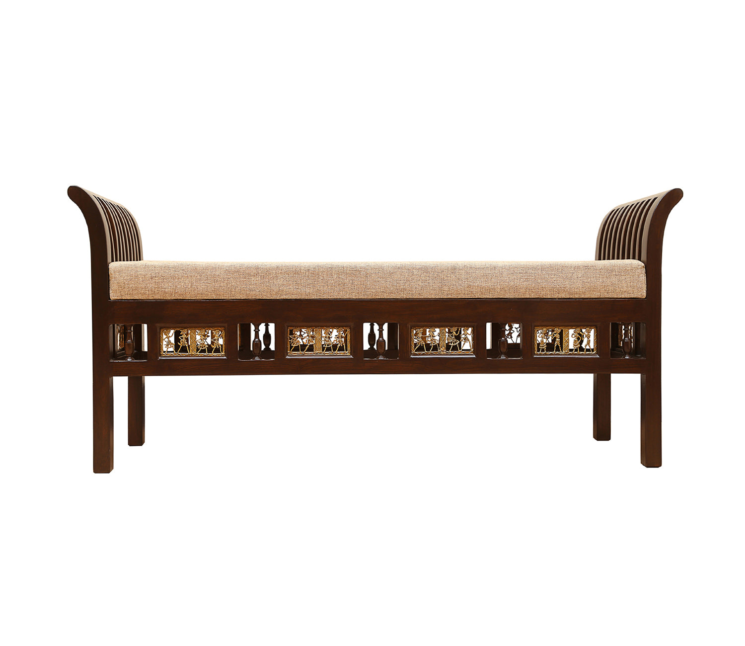 Ryker-III Ottoman Cushioned Double Seater with Striped Wood Pattern in Walnut Finish