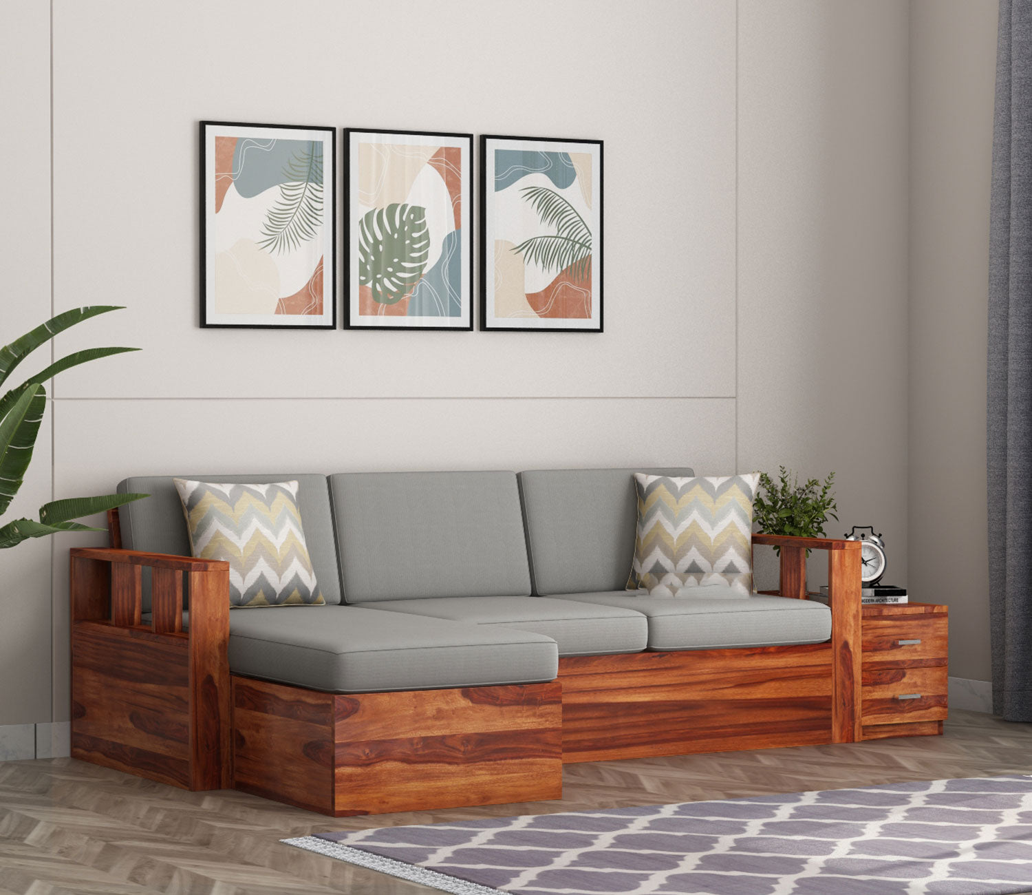 Herman L-Shaped Sheesham Wood Multifunctional Corner Sofa with Storage