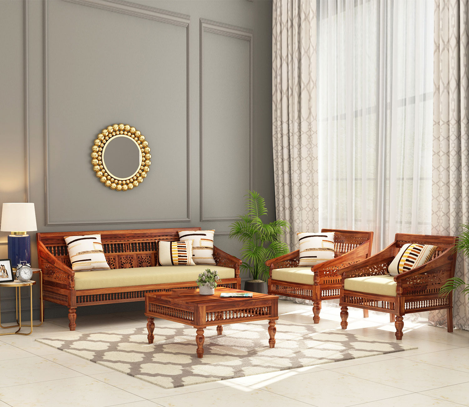 Jimmie Wooden 5 Seater Sofa Set