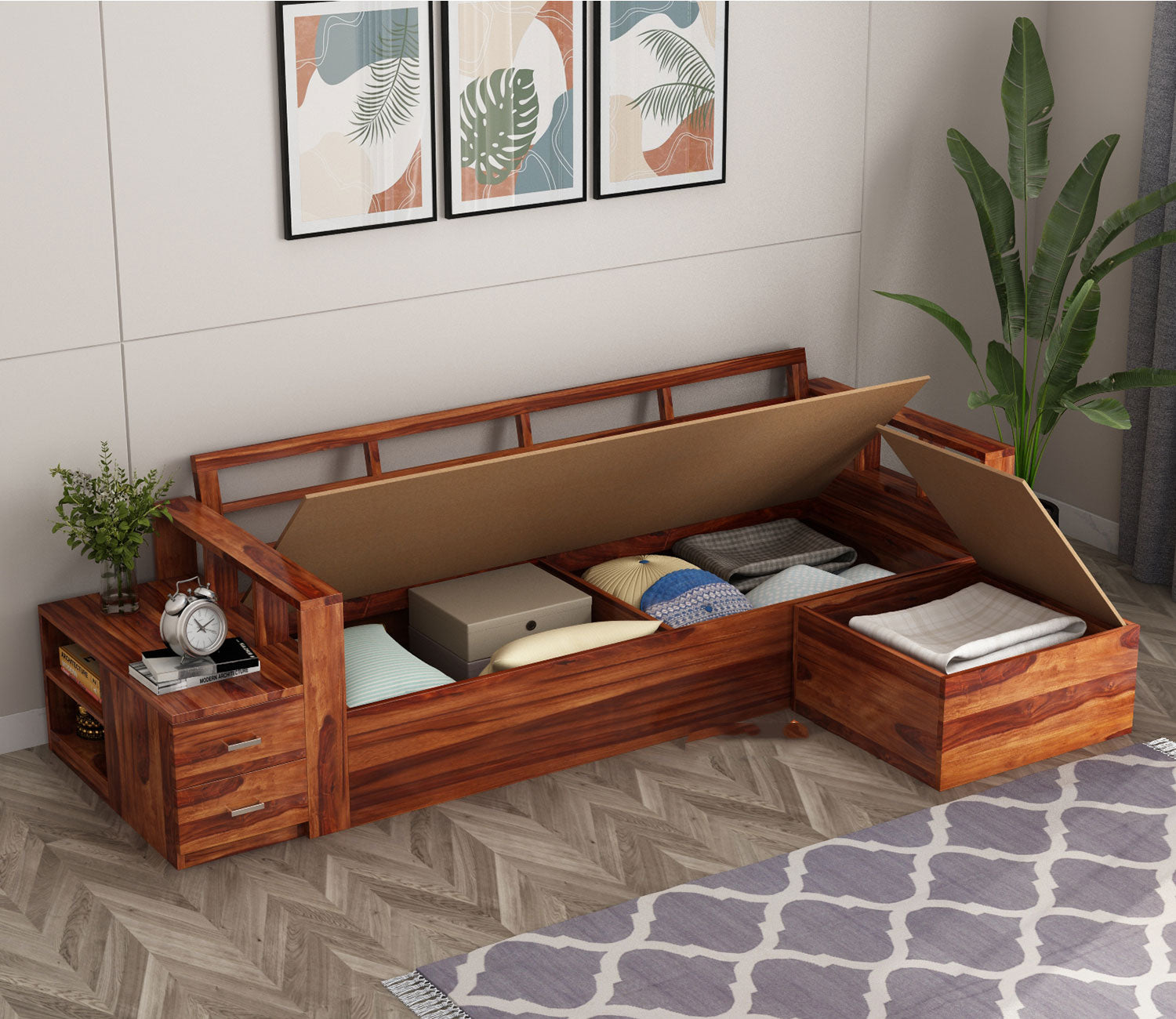 Herman L-Shaped Sheesham Wood Multifunctional Corner Sofa with Storage