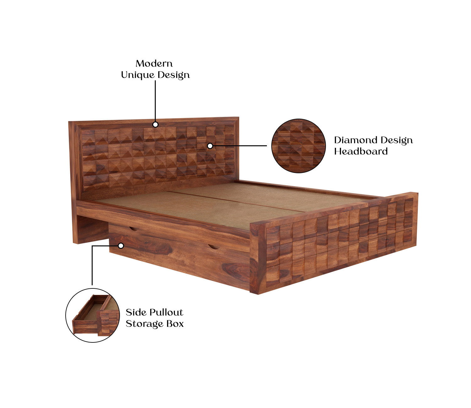 Quinn Sheesham Wood Bed with Drawer Storage
