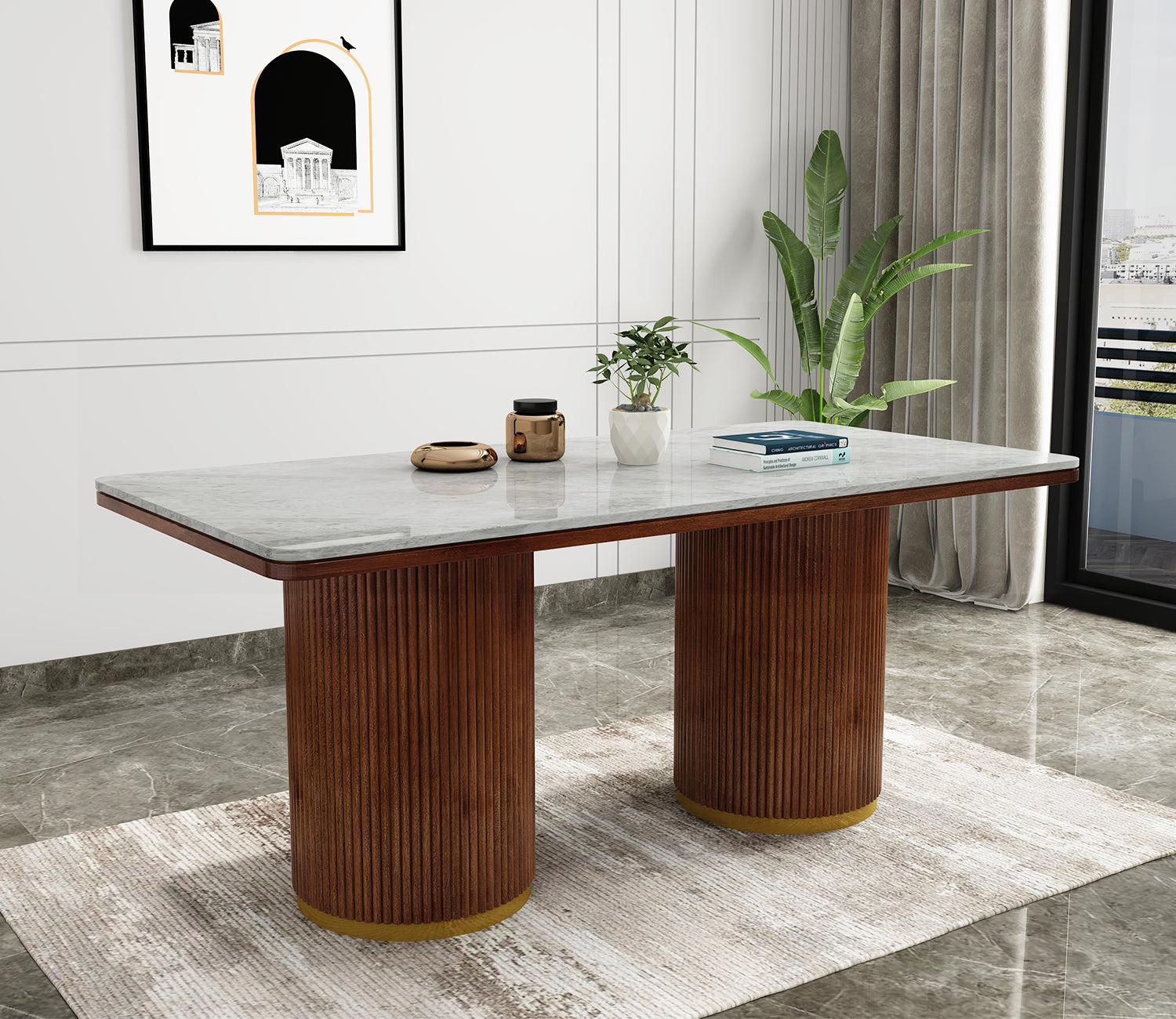 Sugarplum Marble Top Teak Wood 6 Seater Dining Table