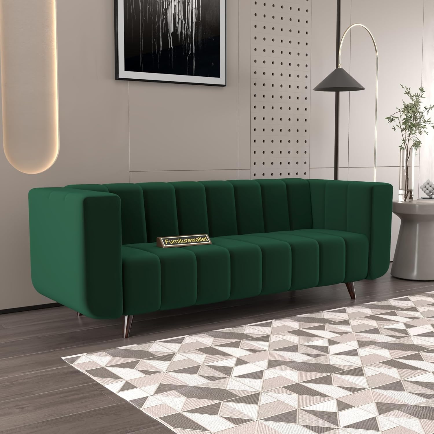 Mid-Century Modern 3 Seater Velvet Fabric Upholstered Tufted Sofa for Living Room, Home & Office Furniture