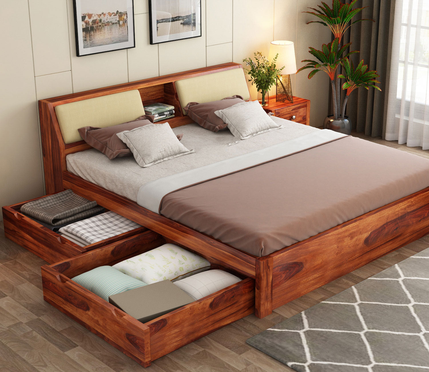 Raphael Sheesham Wood Bed With Side Storage