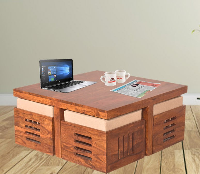 Araya Sheesham Wood Square Petlin Coffee Table with Four Stools