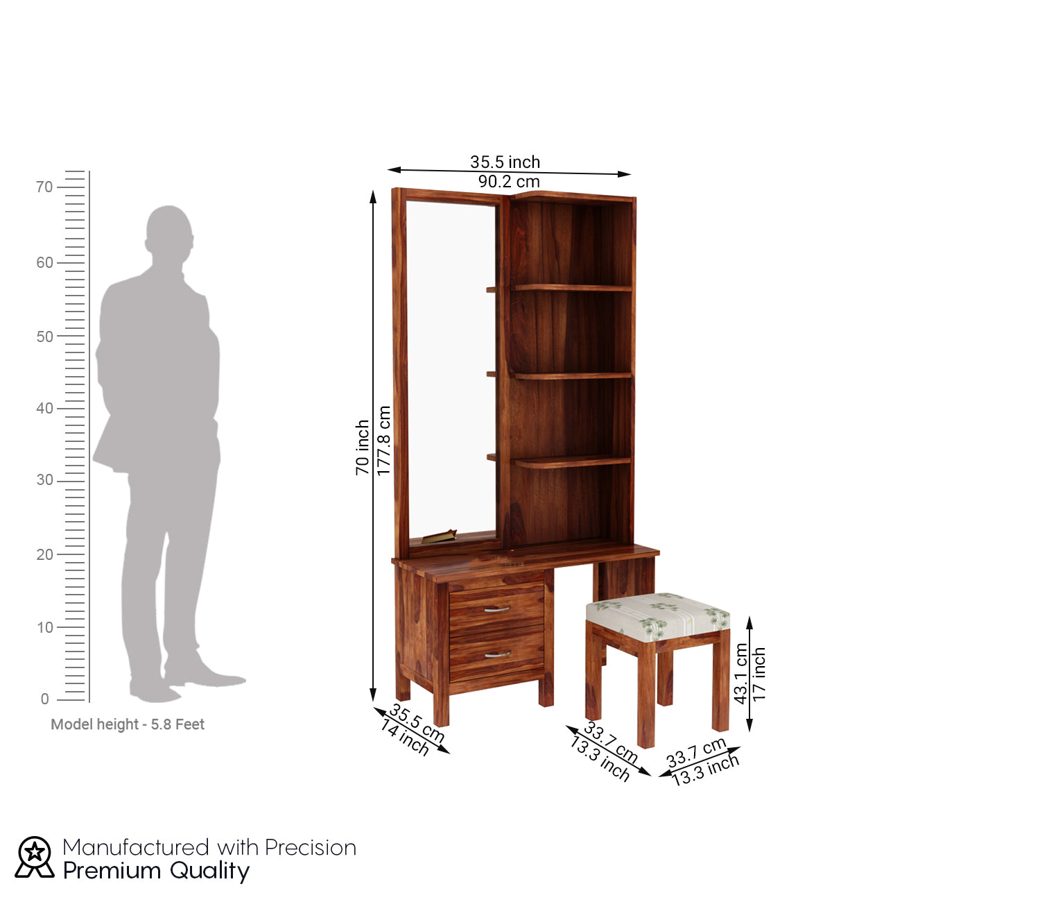 Kameron Sheesham Wood Dressing Table with Storage Drawers and Stool