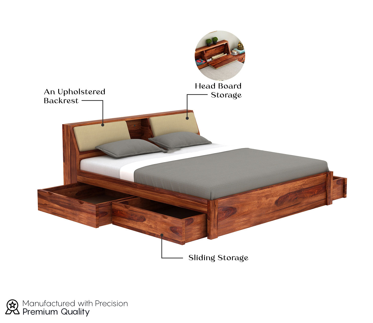 Raphael Sheesham Wood Bed With Side Storage