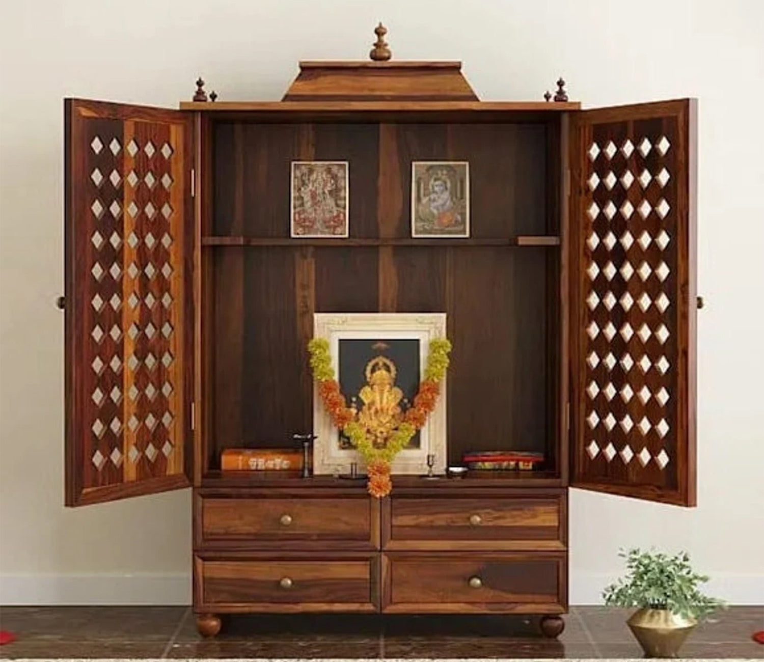 Fabian Sheesham Wood Home Temple With Door And Storage