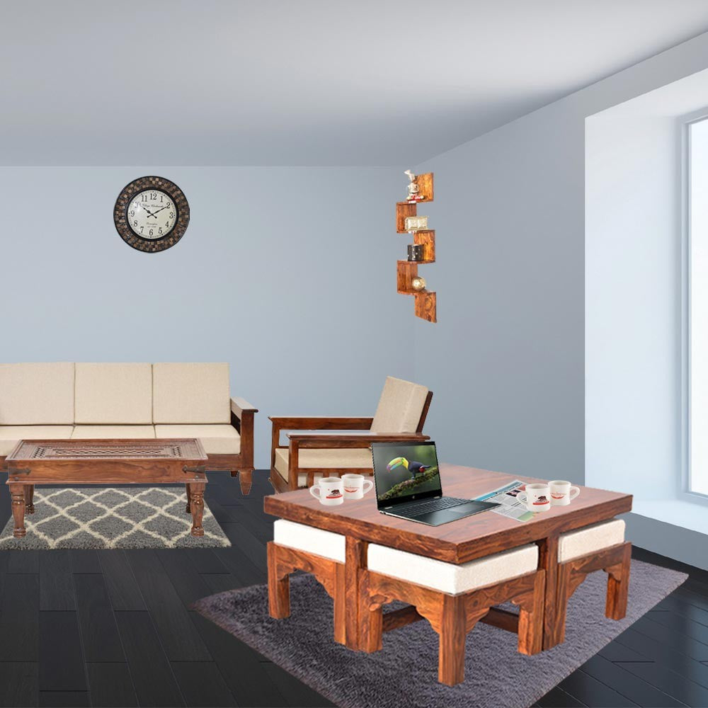 Paloma Sheesham Wood Trendy Coffee Table Set with Four Stools