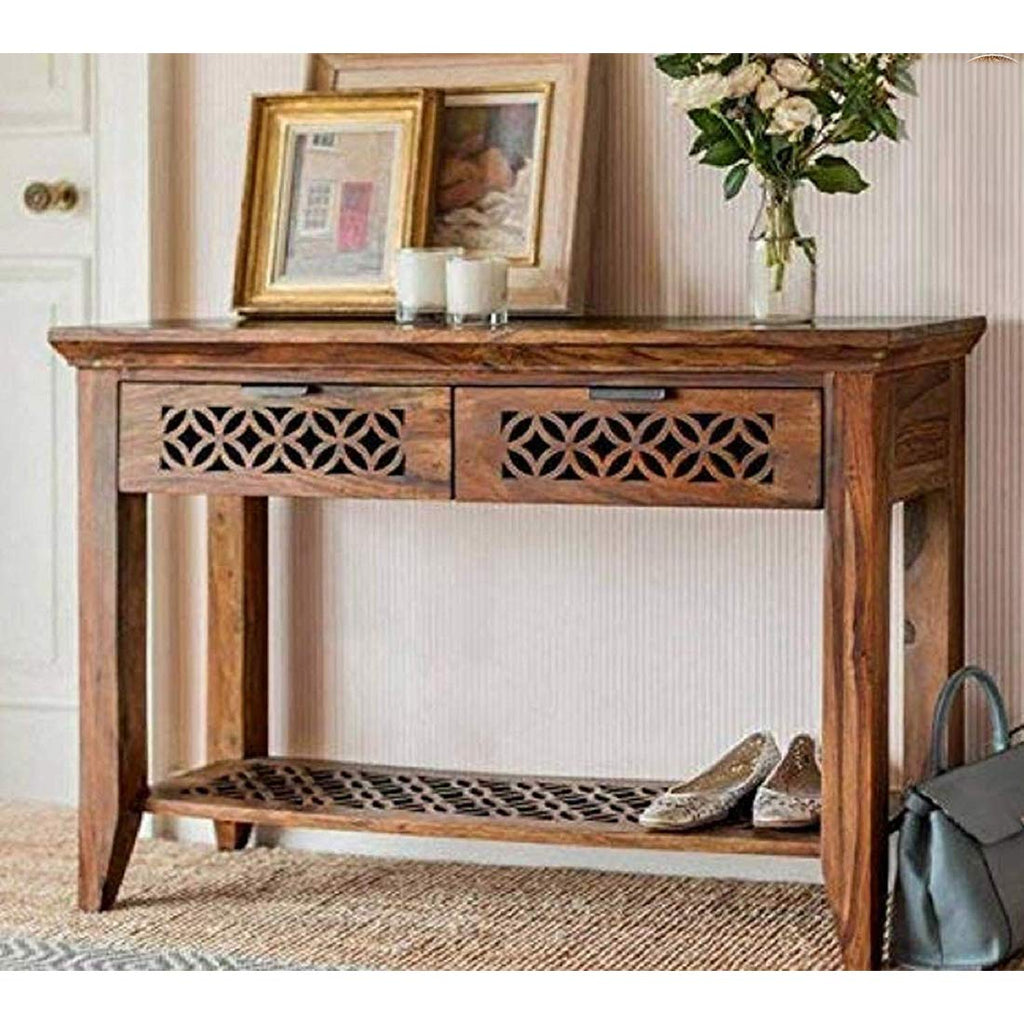 Freya Tables for Living Room/Sideboard with 2 Drawer/Study Table for Home (Honey Finish)