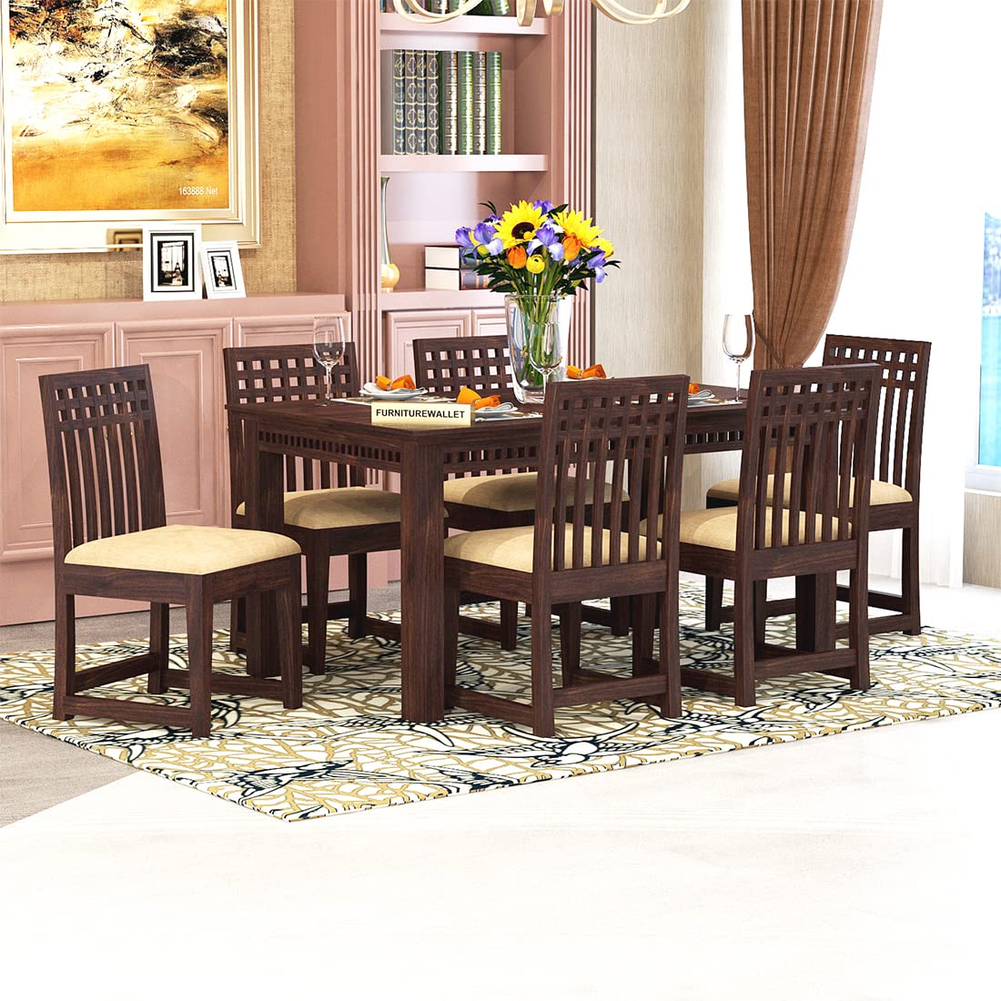 Cecilia Wood Dining Table 6 Seater / 6 Seater Dining Set with Chairs for Dining Room Walnut Color