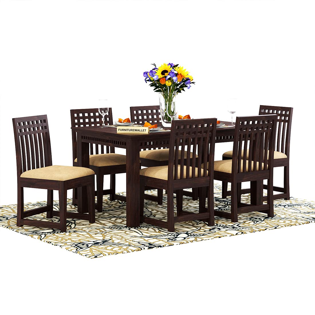 Cecilia Wood Dining Table 6 Seater / 6 Seater Dining Set with Chairs for Dining Room Walnut Color