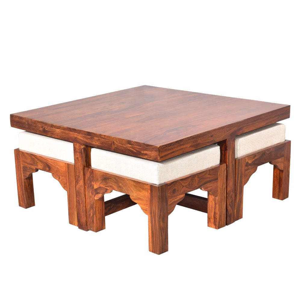 Paloma Sheesham Wood Trendy Coffee Table Set with Four Stools