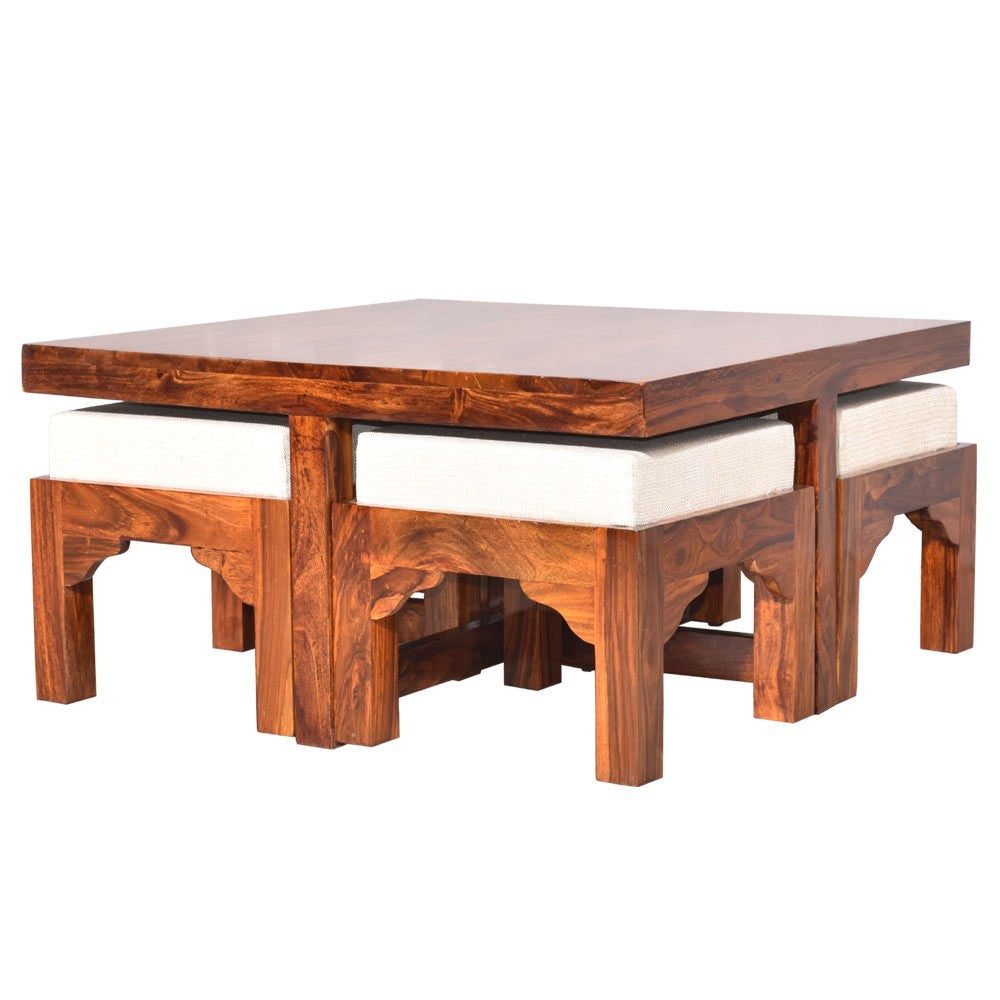 Paloma Sheesham Wood Trendy Coffee Table Set with Four Stools