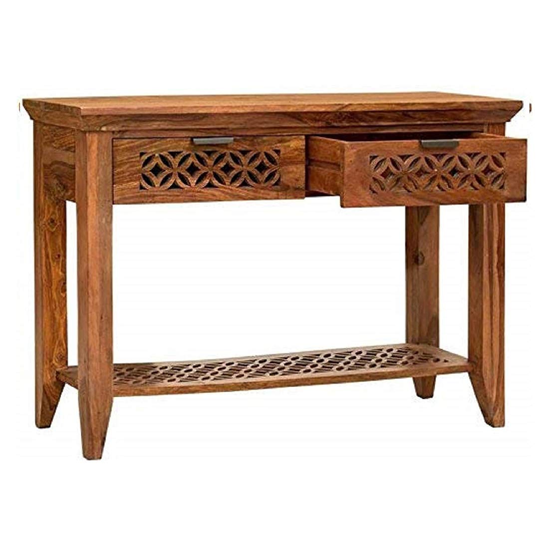 Freya Tables for Living Room/Sideboard with 2 Drawer/Study Table for Home (Honey Finish)