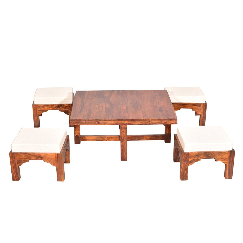 Paloma Sheesham Wood Trendy Coffee Table Set with Four Stools