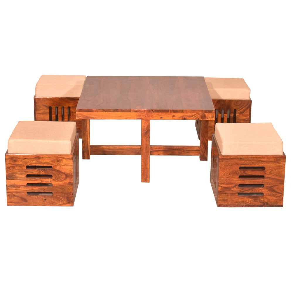 Araya Sheesham Wood Square Petlin Coffee Table with Four Stools