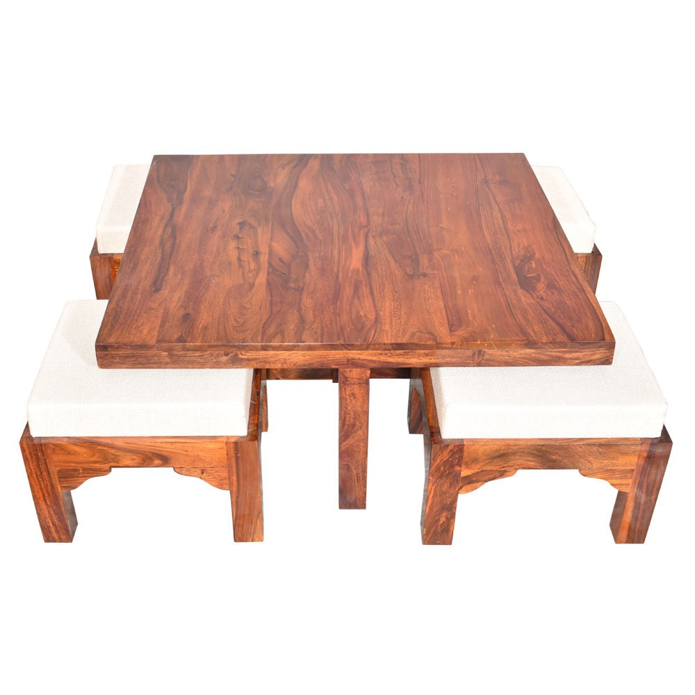 Paloma Sheesham Wood Trendy Coffee Table Set with Four Stools