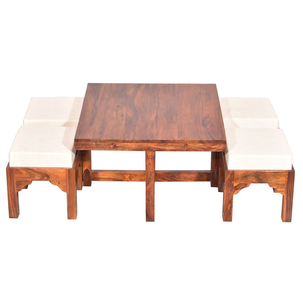 Paloma Sheesham Wood Trendy Coffee Table Set with Four Stools
