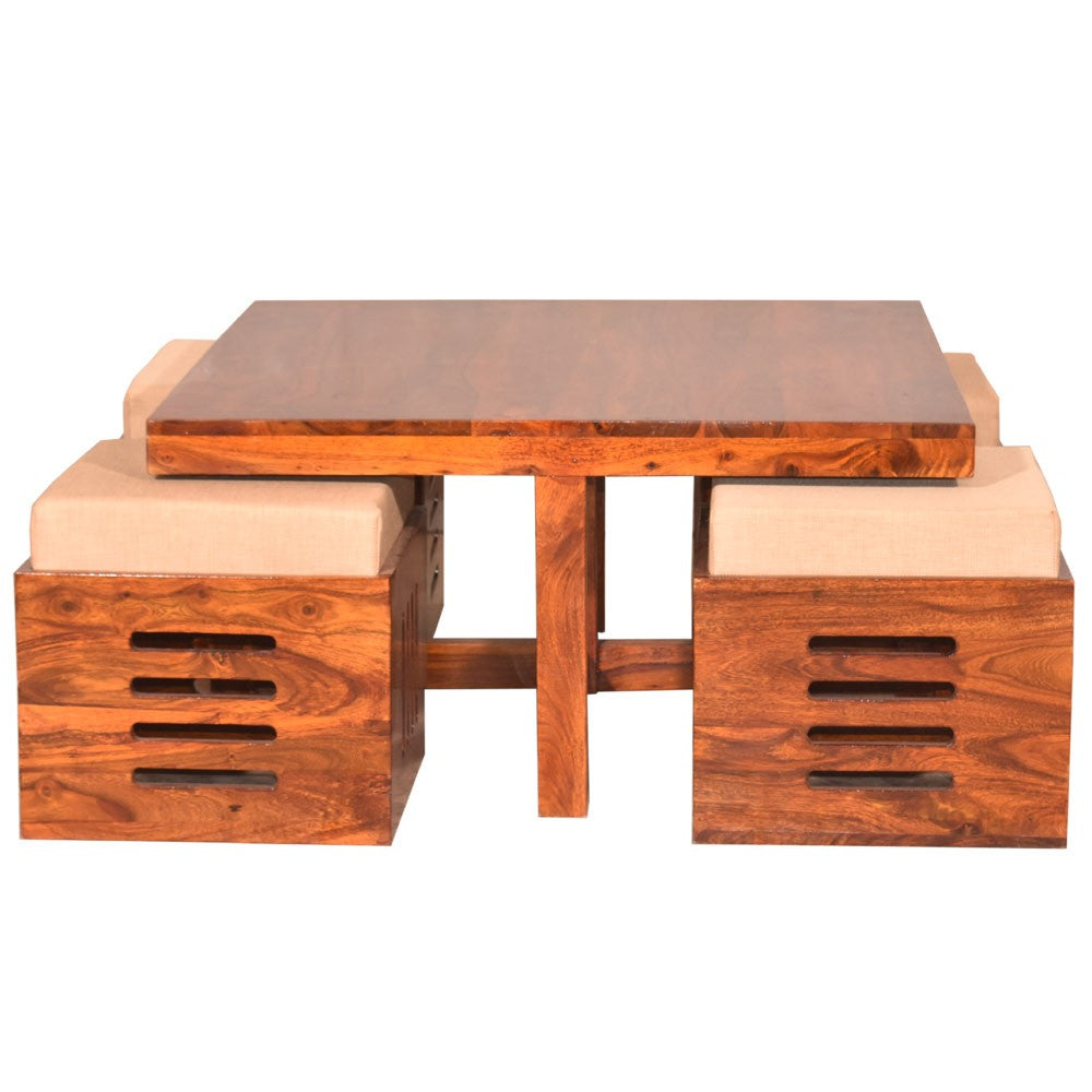 Araya Sheesham Wood Square Petlin Coffee Table with Four Stools