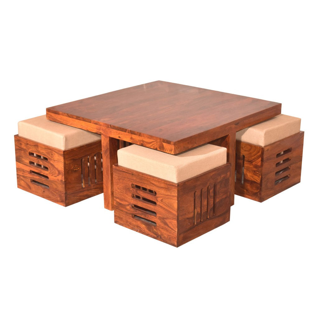 Araya Sheesham Wood Square Petlin Coffee Table with Four Stools