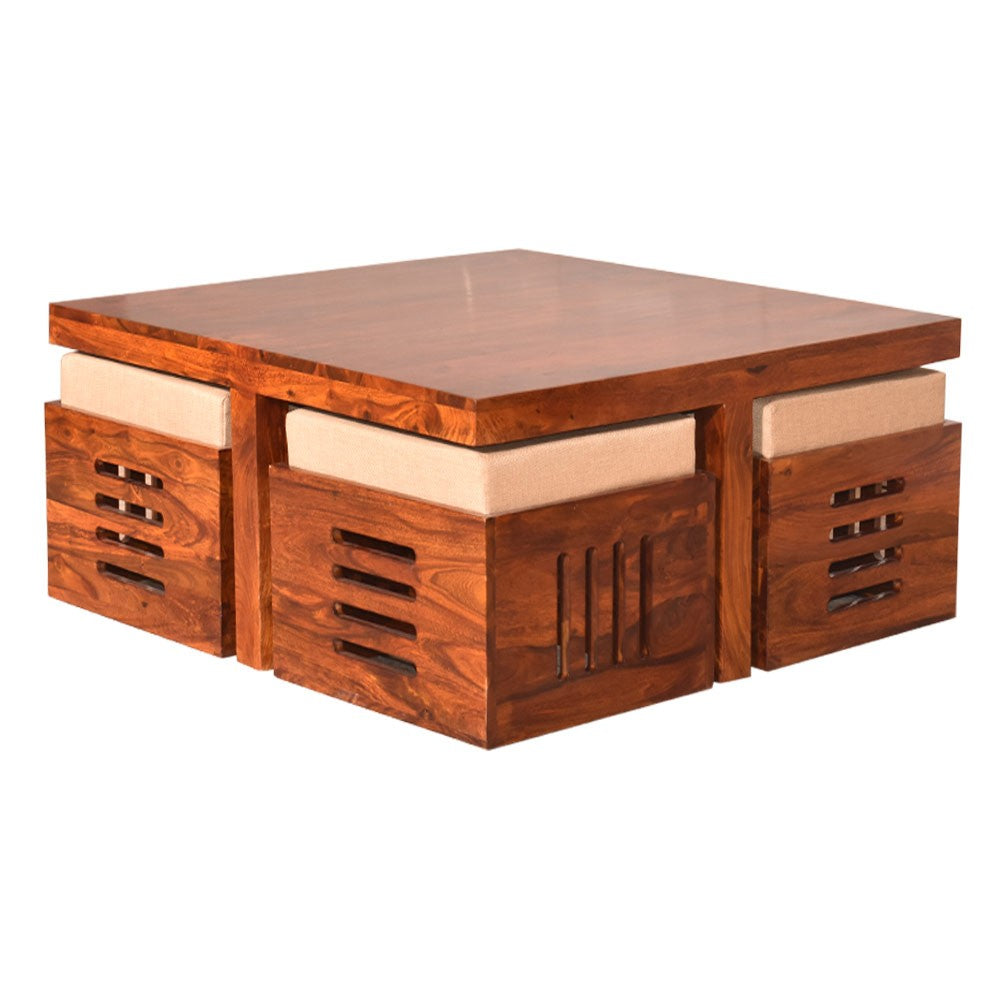 Araya Sheesham Wood Square Petlin Coffee Table with Four Stools