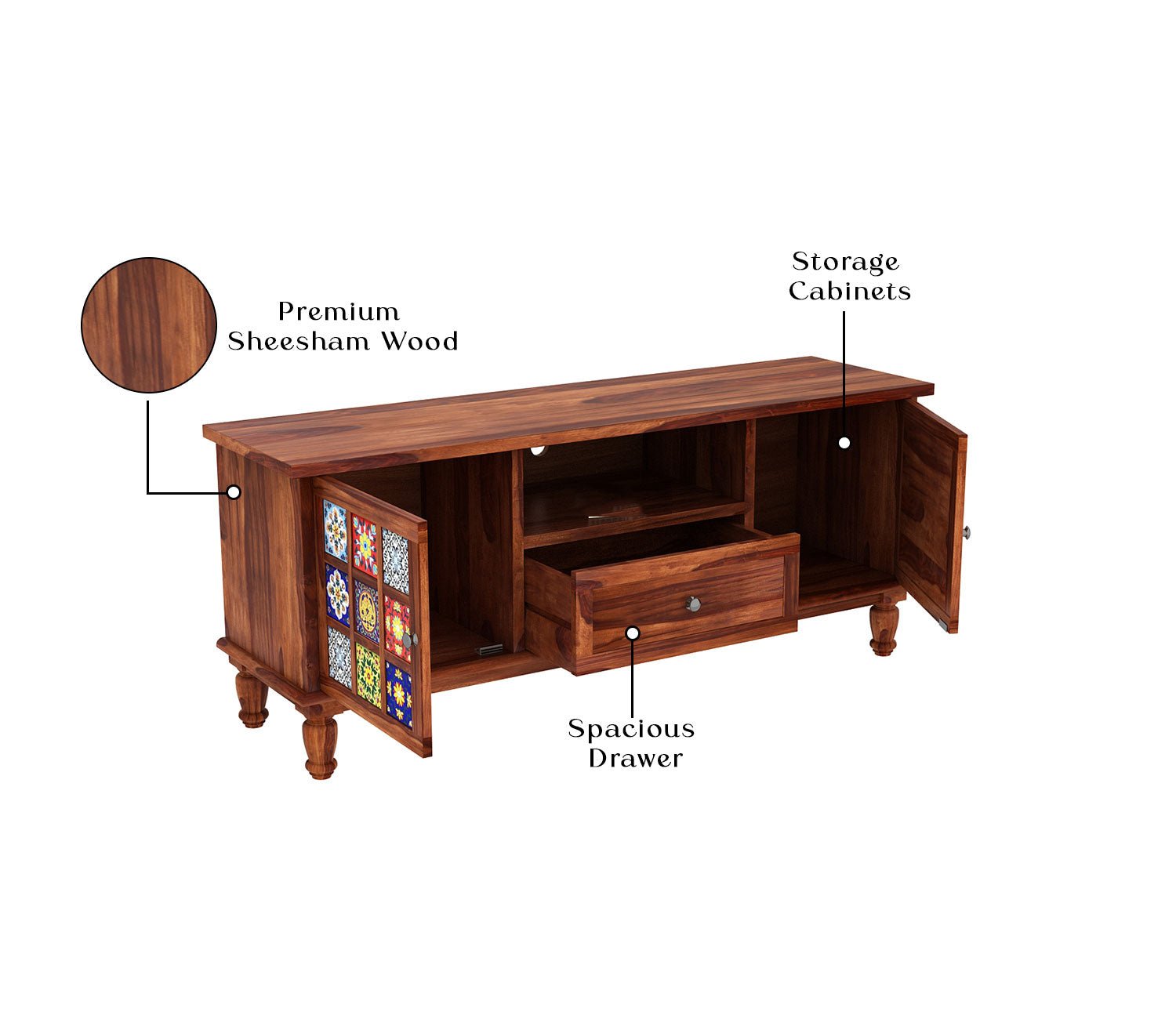 Cohen Sheesham Wood Tv Cabinet with Ceramic Tiles & Storage