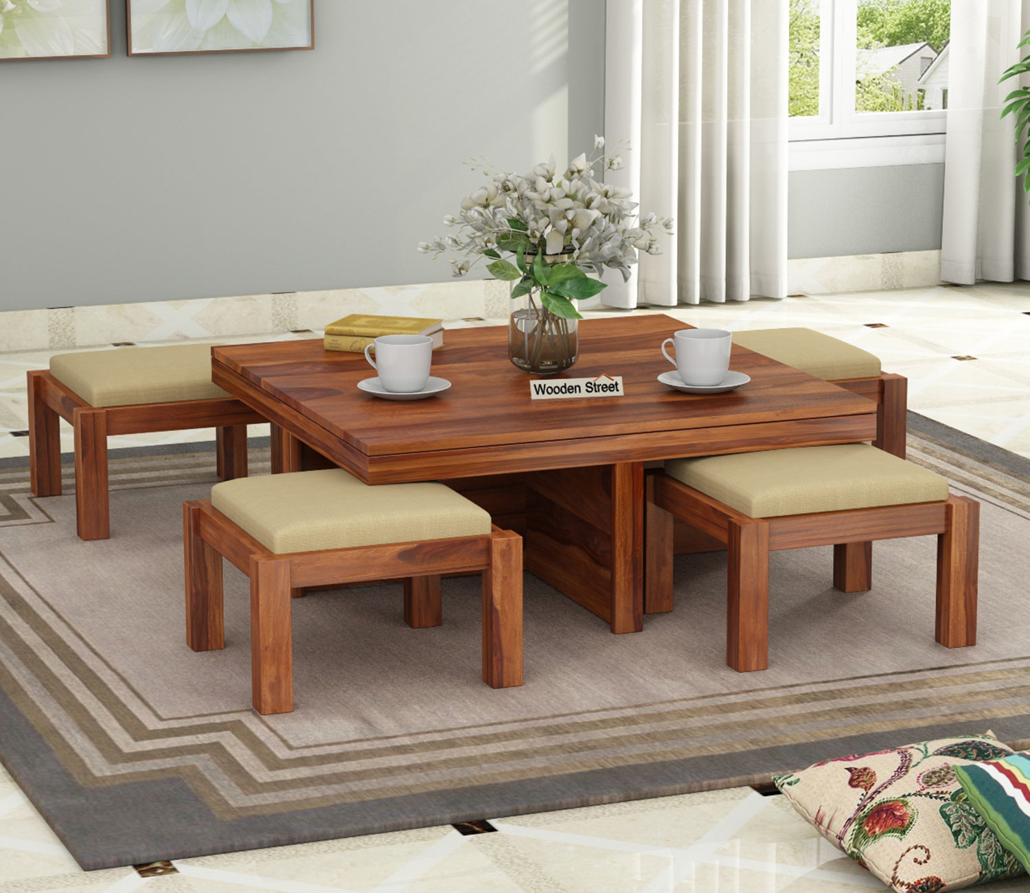 Kinsley Sheesham Wood Coffee Table with Four Cushioned Stools