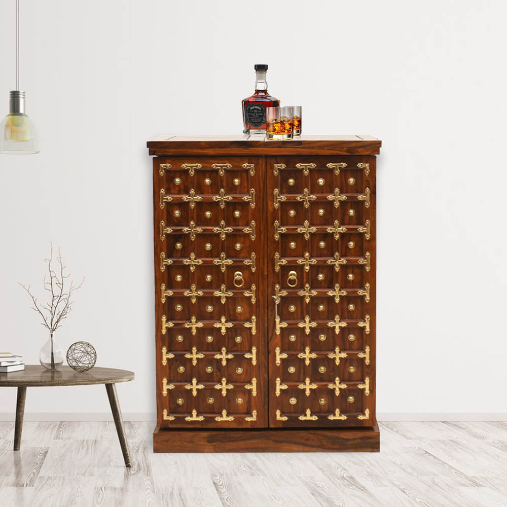 Nyra Sheesham Wood Brass Design Regular Bar